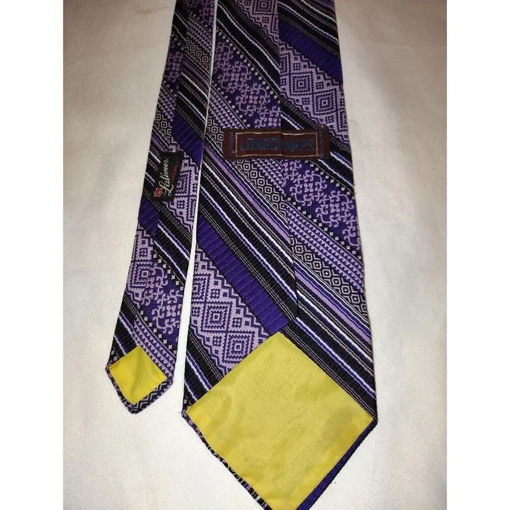 Vintage 1970s Polyester Latimer Purple Black Lavender Geometric Stripe Necktie